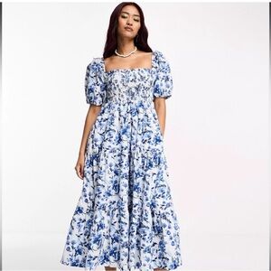 Abercrombie & Fitch Emerson Smocked Blue & White Floral Midi Dress Sz XL Petite